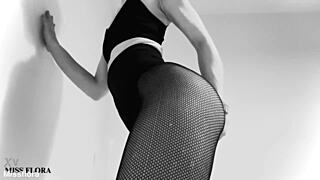 Petite German brunette's fishnet ass and feet tease you hard