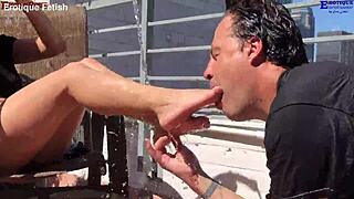 Erotique Fetish Threesome: Two Girls Footjob Big Cock Outdoor Patio