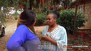 her heart races as african milf lesbians kiss wildly at the house party outdoors
