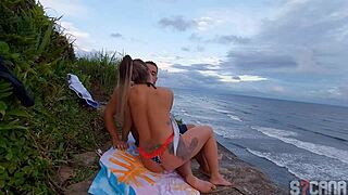 Hot blonde beach transei anal in public lingerie