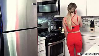 Linzee Ryder's wet milf tits get fucked in kitchen blowjob from stepson big cock deepthroat