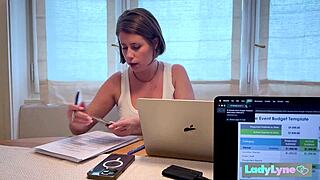 horny milf lady lyne fingers juicy shaved pussy at office desk 😈💦