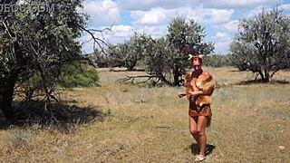 shy aboriginal milf dances in costume outdoors
