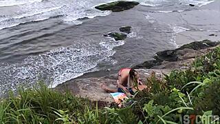Hot blonde beach transei anal in public lingerie