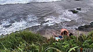 Hot blonde beach transei anal in public lingerie
