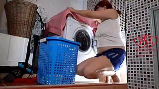 Housewife bitch strips in laundry gets machine dominated fucked