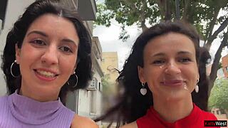 Slutty neighbors ask for cum on their cute faces for public cumwalk