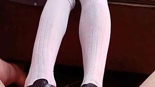 black student gives white teacher a hot shoe footjob