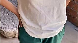 College girl loses bet and strips on campus patio then gets fucked by classmate in homemade student porn