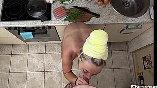 Towel Blowjob In Kitchen Naked Blonde Housewife Sucks Cock