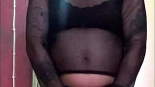 Bisexual crossdresser pissing in glass on dildo and drinks cum