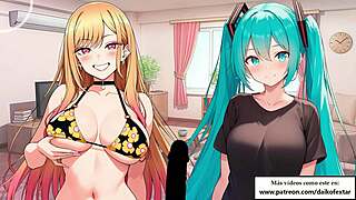 ¡El joi definitivo en español! Marin y miku te pajean por turnos