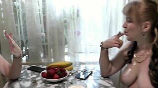 Homemade porn two women lesbians blonde adult mature milf and brunette virgin in kitchen naked dirty erotically eat strawberries with cream and banana big natural tits pussy long hair fetish